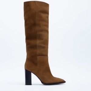 Brown Zara Heeled Split Leather Knee High Boots